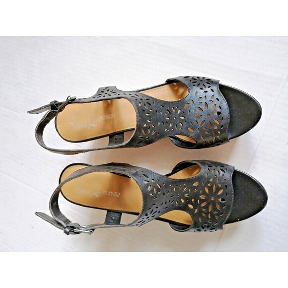 Franco Sarto Leather Platform Wedge Sandals Black Ankle Strap 10M Women’s - Picture 8 of 9